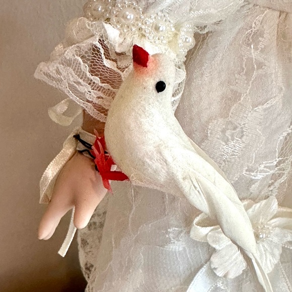 16" Porcelain Bride Doll in While Lace Wedding Dress with Dove, Flowers & Stand - Picture 5 of 8